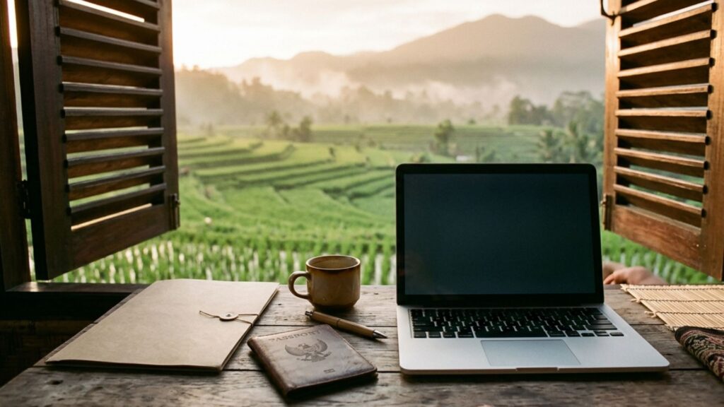 Bali digital nomad visa E33G explained — laptop and passport on café desk with rice field view through open shutters.