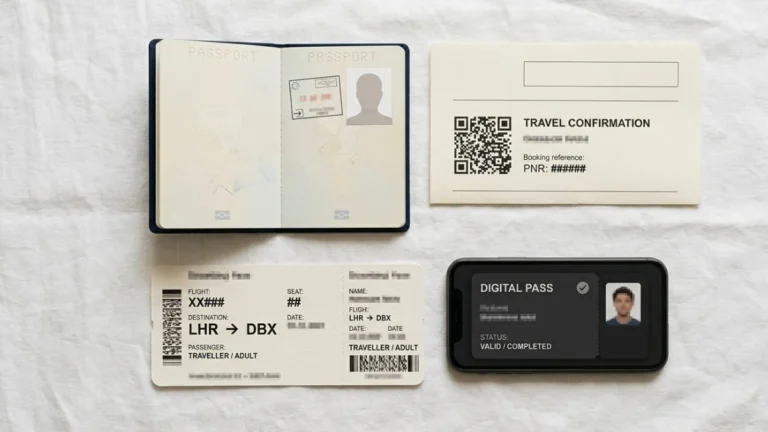 Bali entry requirements 2025 checklist — flat lay of passport, QR code voucher, boarding pass and phone on white surface.