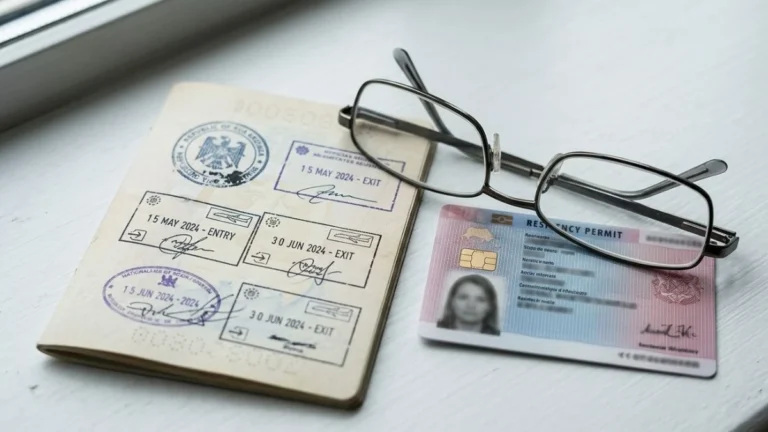 Bali KITAS vs tourist visa difference — two official documents side by side on white surface with reading glasses in soft natural light.
