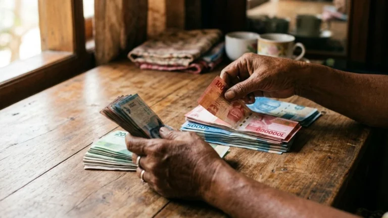 Bali scams tourists should know — hands carefully counting Indonesian rupiah banknotes at a money changer counter in natural light.