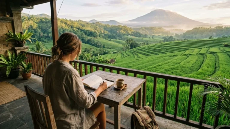 Bali slow travel itinerary 2 weeks — traveller journaling on guesthouse terrace overlooking rice terraces and Mount Agung in morning light.