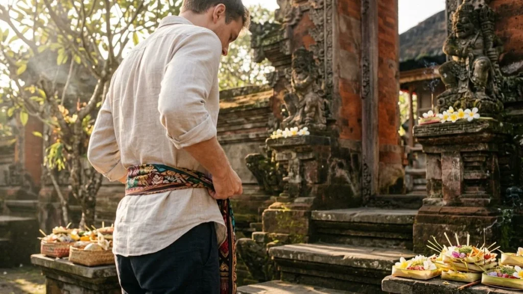 Bali temple etiquette for tourists — visitor tying sarong and sash outside Balinese temple gate with stone carvings and offerings in background.