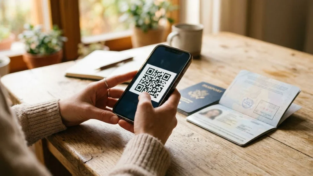 Bali tourist tax 2025 how to pay — traveller holding QR code voucher on smartphone with passport open beside it.