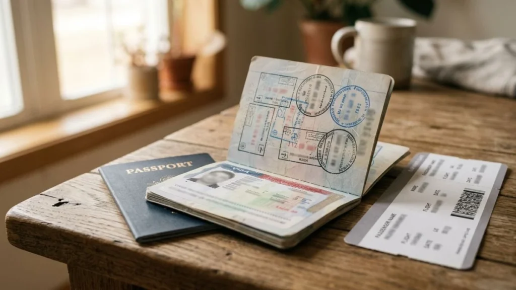 Bali visa on arrival guide 2025 — passport open to visa stamp page beside boarding pass on wooden surface in natural light.