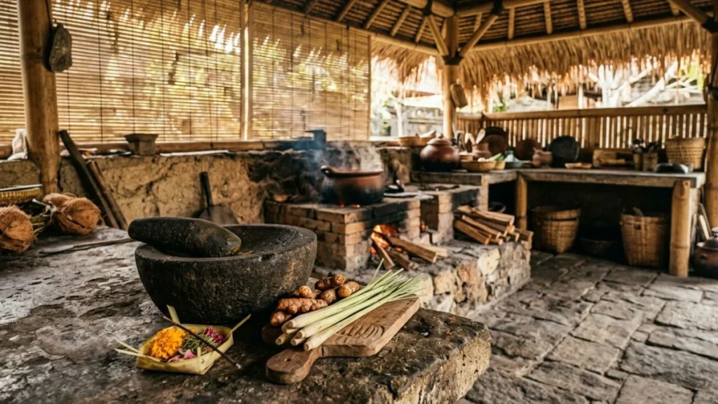 Balinese cooking class Ubud honest review — traditional stone grinder with fresh turmeric and lemongrass beside clay pot on wood-fire hearth in open compound kitchen.