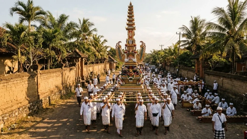 Balinese cremation ceremony guide tourists — ngaben procession with ornate bade tower carried through village street in golden afternoon light.