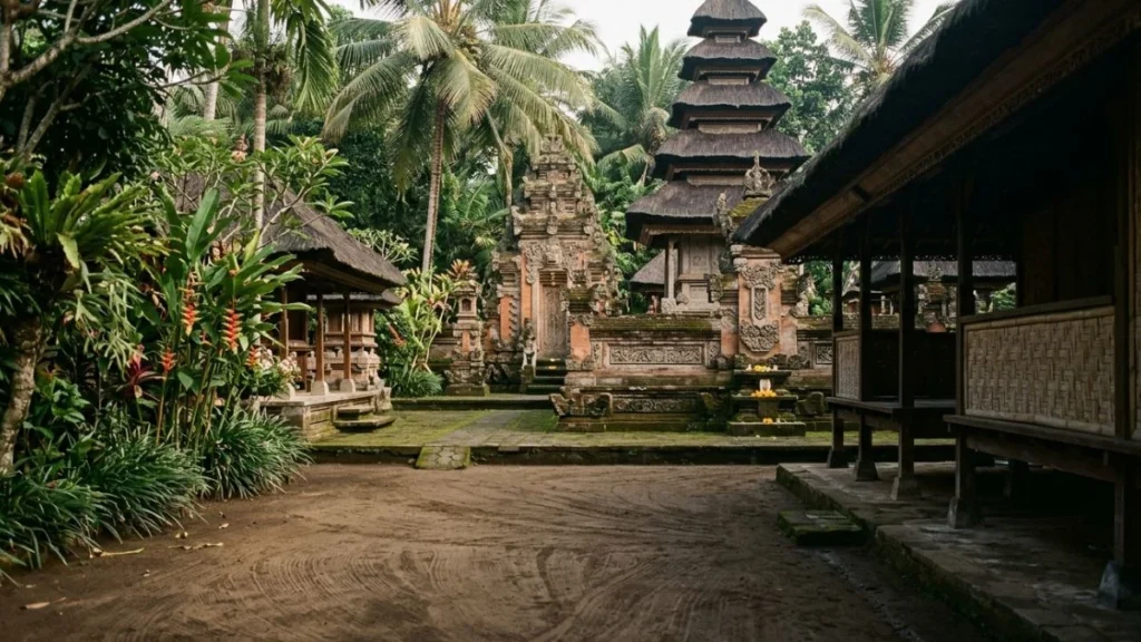 Balinese family compound explained — low eye-level view across swept courtyard toward family temple shrines in kaja-kangin corner in soft morning light.