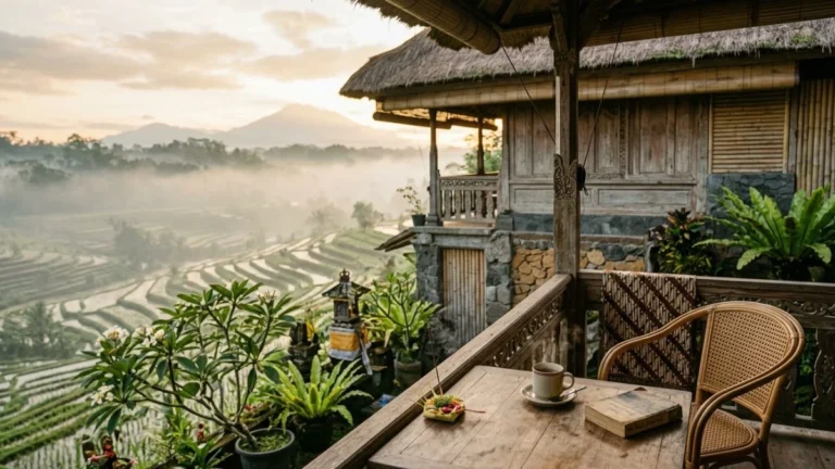 Best areas to stay in Bali for slow travel — traditional guesthouse veranda overlooking rice field valley in morning mist.