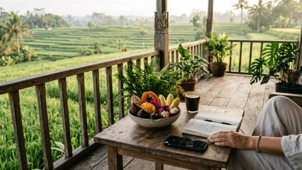 Cost of living Bali 2025 expat breakdown — simple breakfast on guesthouse veranda overlooking rice fields, fresh fruit and coffee in morning light.