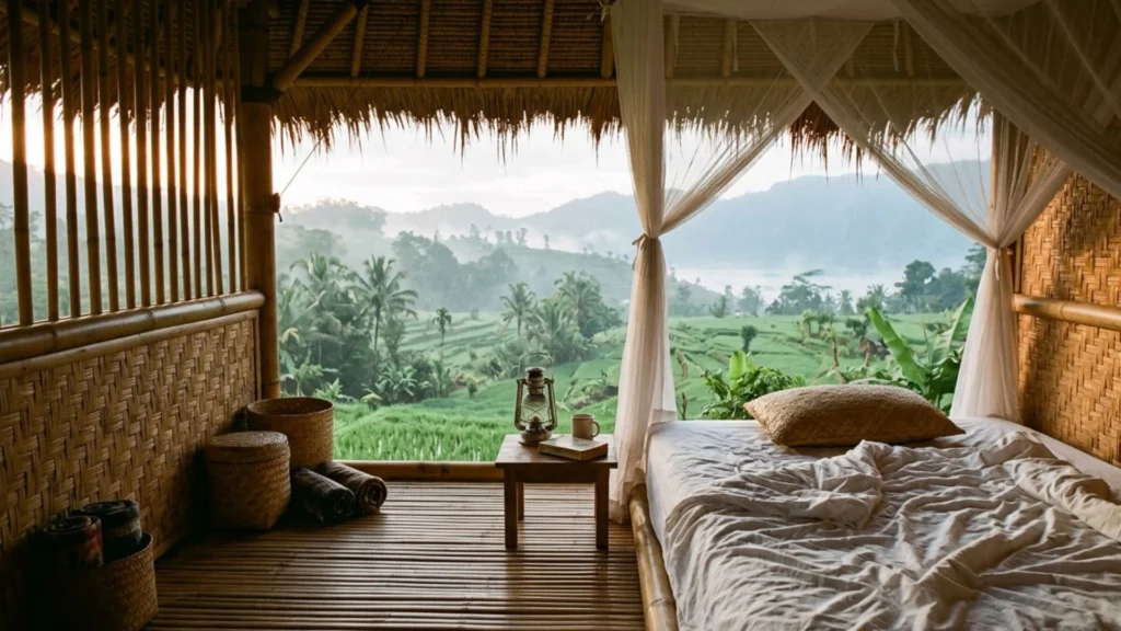 Eco stays Bali honest guide — open bamboo bungalow interior with rice field view at dawn, natural light through bamboo slats.