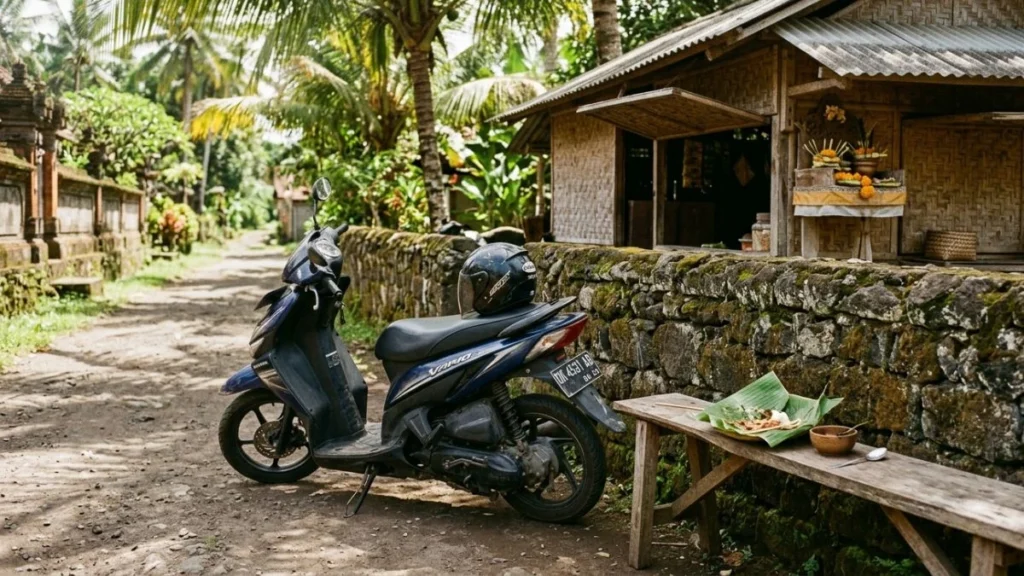 How to get around Bali without a tour — scooter parked outside village warung with helmet on seat and banana leaf food wrapper in dappled midday light.