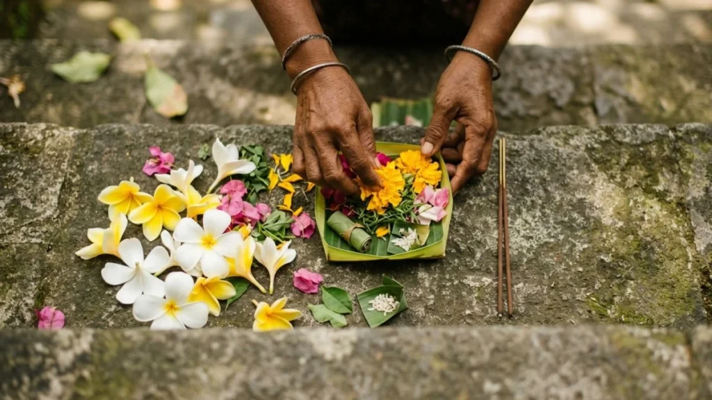 How to make canang sari Bali — close-up of hands assembling palm leaf offering tray with fresh frangipani flowers and incense on stone compound steps.