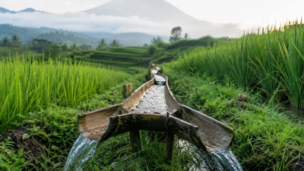 Jatiluwih vs Tegallalang rice terraces — bamboo subak irrigation channel between green paddies with mountain mist in background.