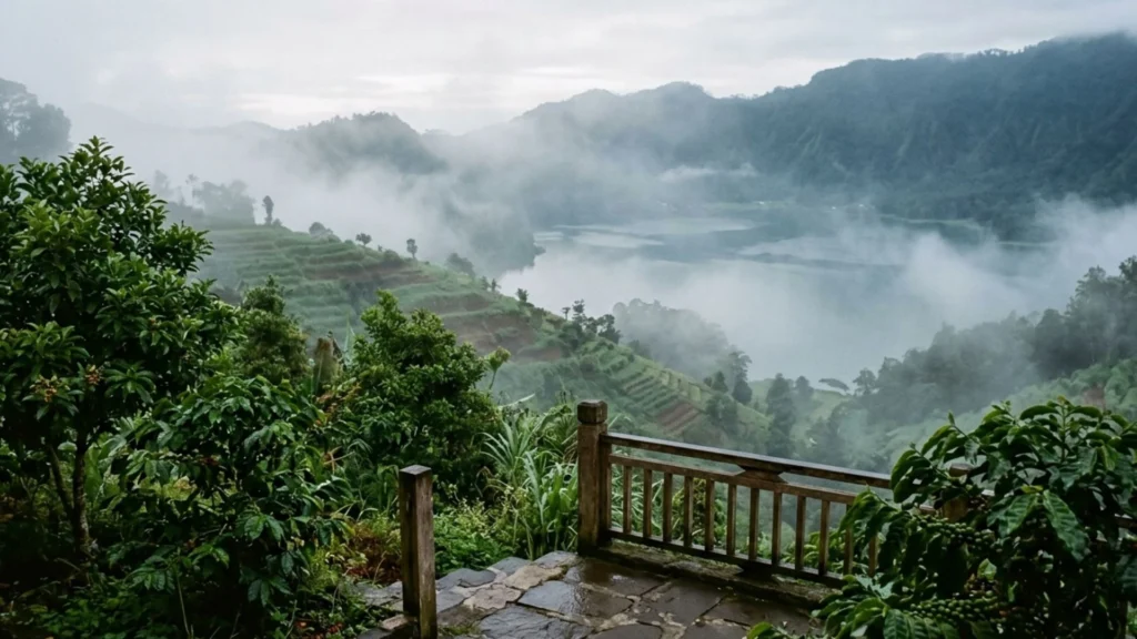 Munduk Bali travel guide — misty morning view from highland village terrace with crater lake visible through clove and coffee trees below.
