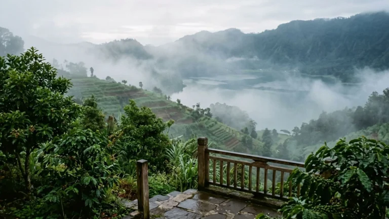 Munduk Bali travel guide — misty morning view from highland village terrace with crater lake visible through clove and coffee trees below.