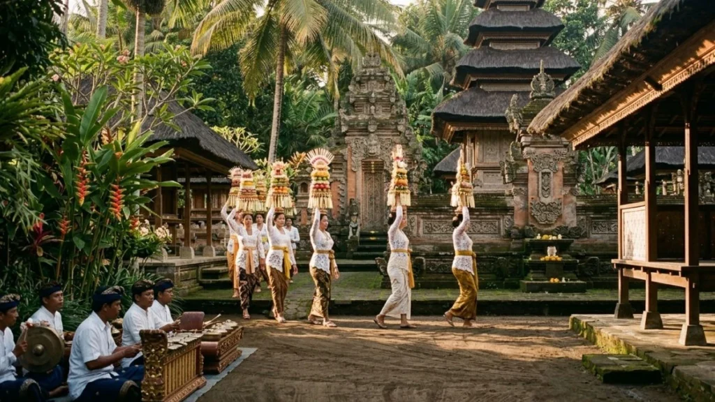 Odalan ceremony Bali what happens — women in ceremonial dress carrying stacked offering towers through temple courtyard in warm afternoon light.