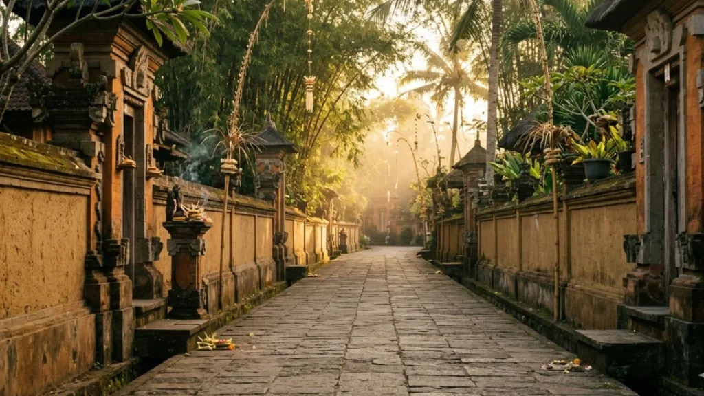 Penglipuran village Bali guide — main ceremonial lane at sunrise, ochre compound walls and swept stone path in golden light.