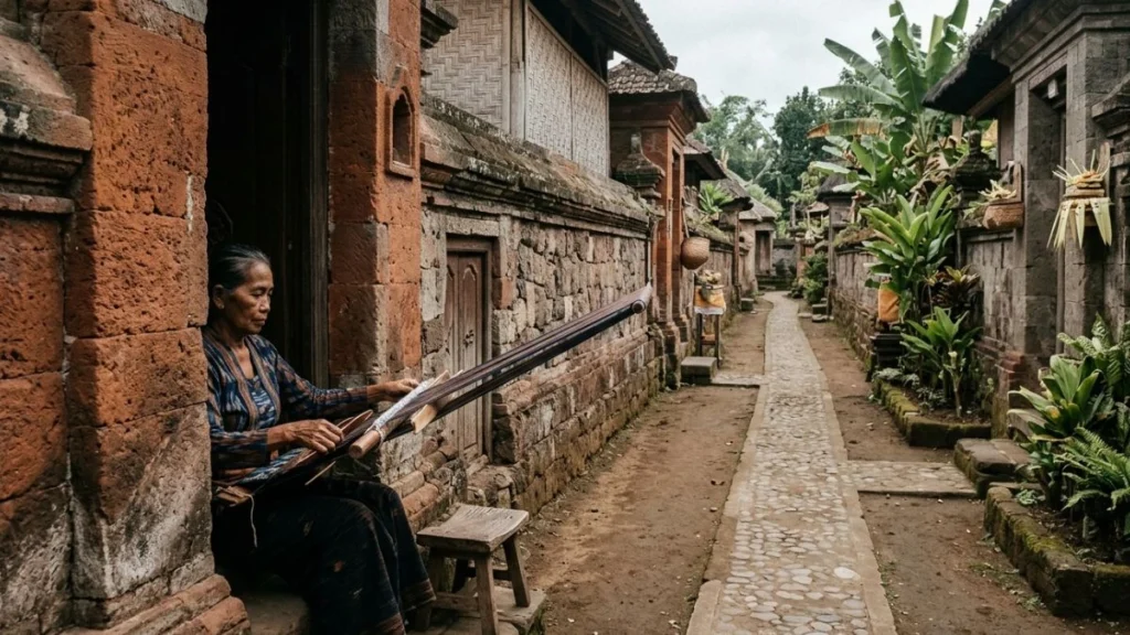Penglipuran vs Tenganan village comparison — quiet Tenganan village lane with traditional stone compounds and weaver visible in doorway in soft midday light.
