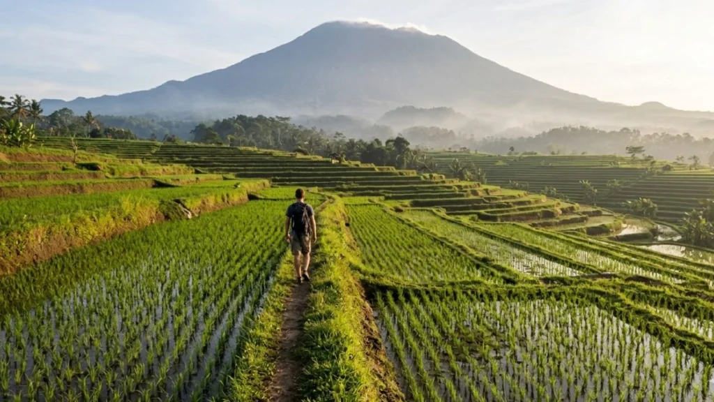 Sidemen Valley trekking guide — narrow path through working rice terraces with Mount Agung visible in morning mist, East Bali.