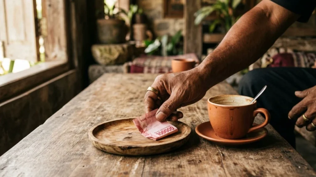 Tipping culture in Bali guide — folded Indonesian rupiah note placed on wooden tray beside coffee cup at Balinese café in warm natural light.