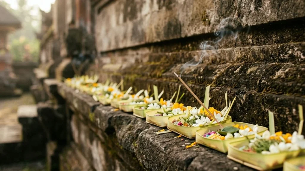 What not to do in Bali cultural rules — canang sari offerings along stone temple wall with incense smoke in soft morning light.