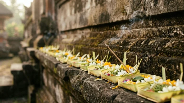 What not to do in Bali cultural rules — canang sari offerings along stone temple wall with incense smoke in soft morning light.