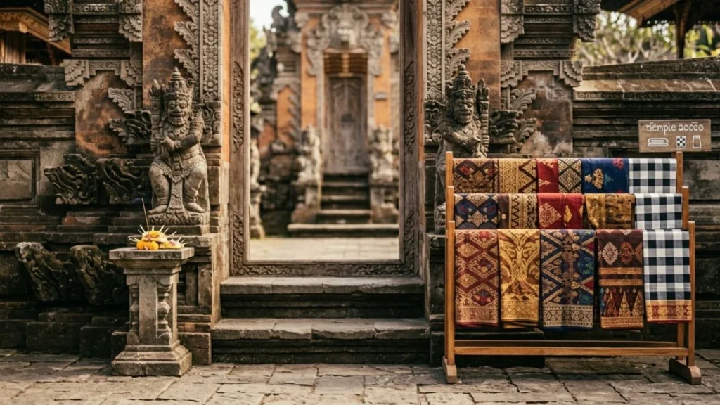 What to wear at a Balinese temple — folded sarongs and sashes on wooden rental rack beside carved stone split gate entrance in warm midday light.