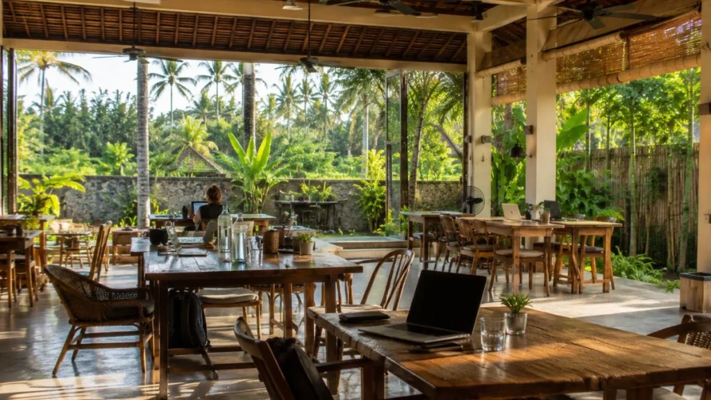 Bali digital nomad accommodation Canggu — open-air coworking space interior with laptops on wooden desks and tropical garden view through open windows in bright morning light.