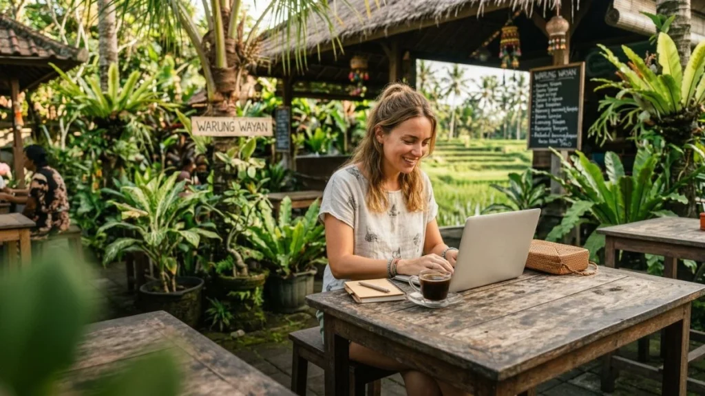 Bali digital nomad guide — remote worker on laptop at open-air café in Bali with tropical greenery and coffee