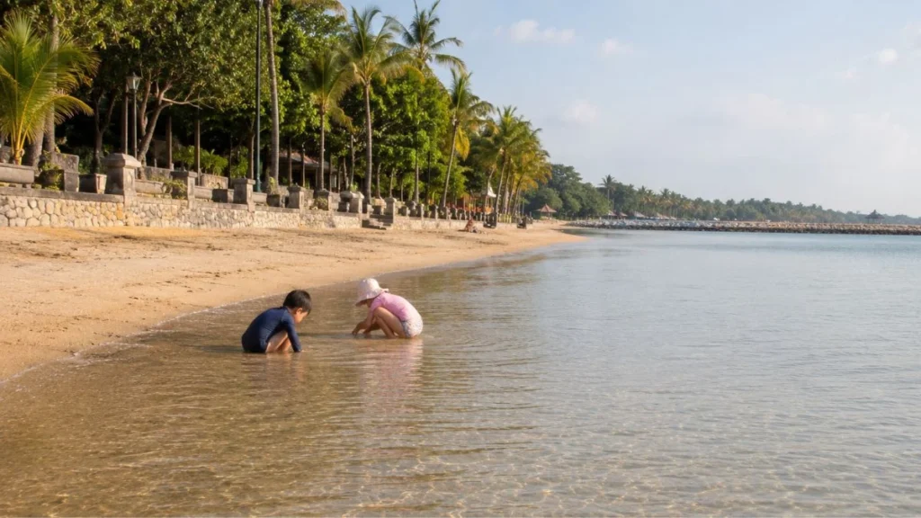 Bali family holiday guide — children playing in calm shallow water at Sanur beach with palm trees and beachfront promenade in warm afternoon light.