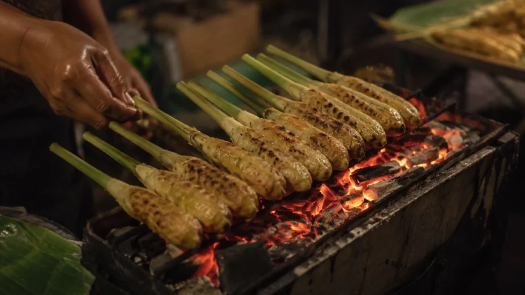 Bali food guide local eating — sate lilit minced fish satay on lemongrass sticks grilling over charcoal at Gianyar night market in warm evening light.