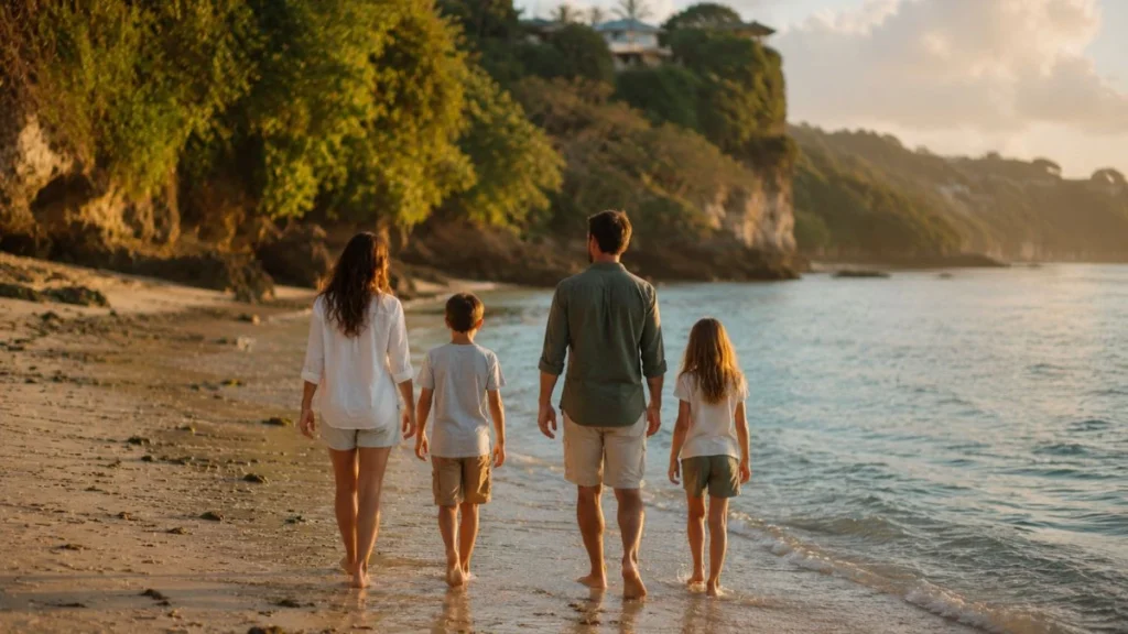 Bali holiday for families — family of four walking along calm Bali beach at low tide in morning light