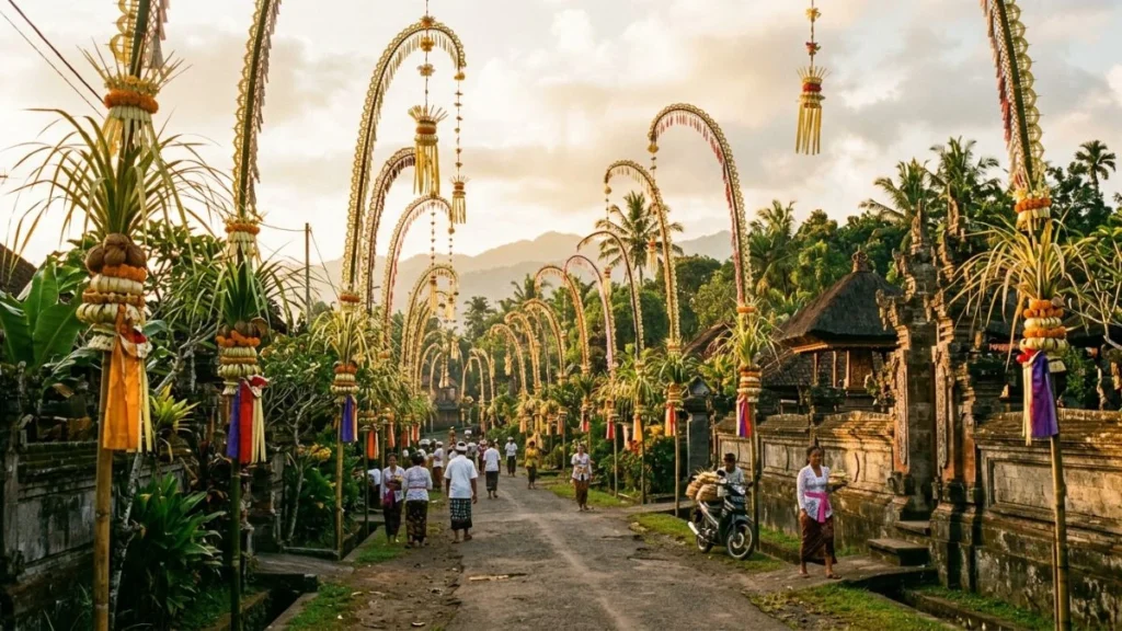 Bali in June — village road lined with bamboo penjor poles during Galungan festival, Bali 2026
