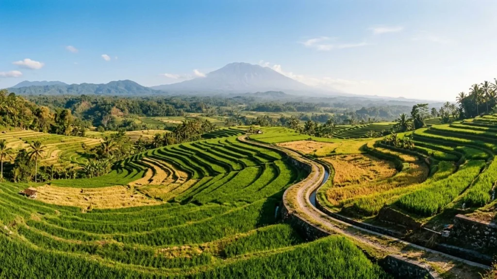 Bali in September — terraced rice fields in late dry season with Mount Agung in background, clear blue sky, Bali