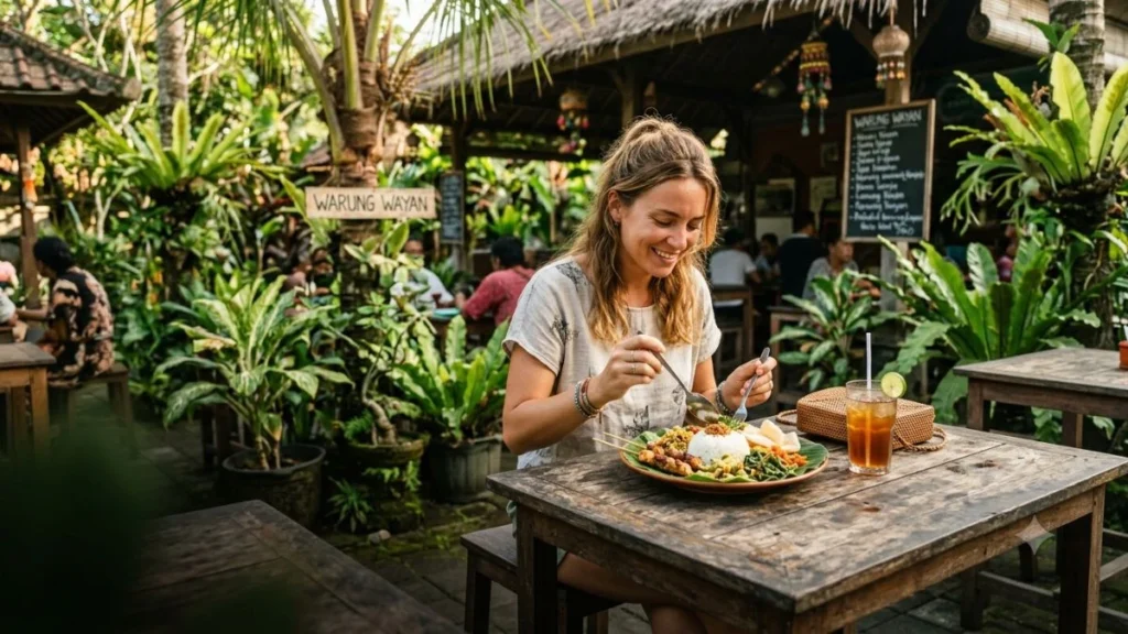 Bali on a budget — traveller eating nasi campur at a local Balinese warung, affordable local food in Bali