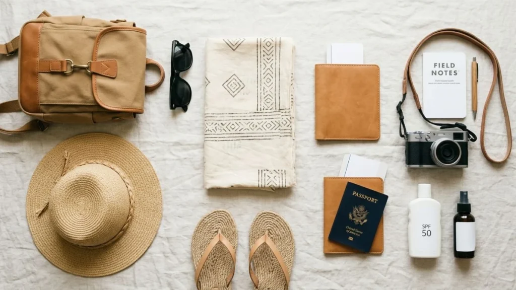 Bali packing list — flat lay of tropical travel essentials including sarong, sunhat, sunscreen and passport for a Bali trip