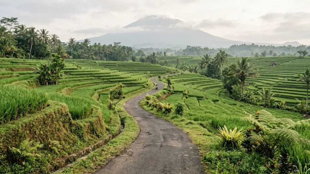 Bali road trip — winding road through East Bali rice terraces with Mount Agung visible in background
