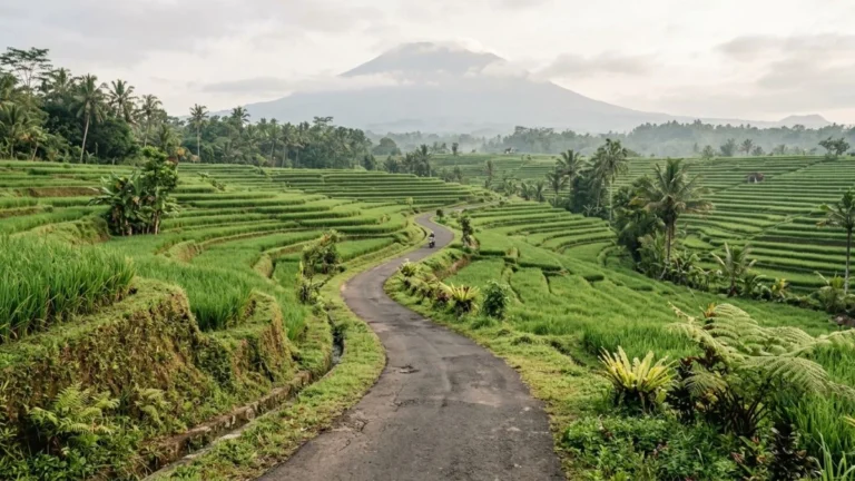 Bali road trip — winding road through East Bali rice terraces with Mount Agung visible in background
