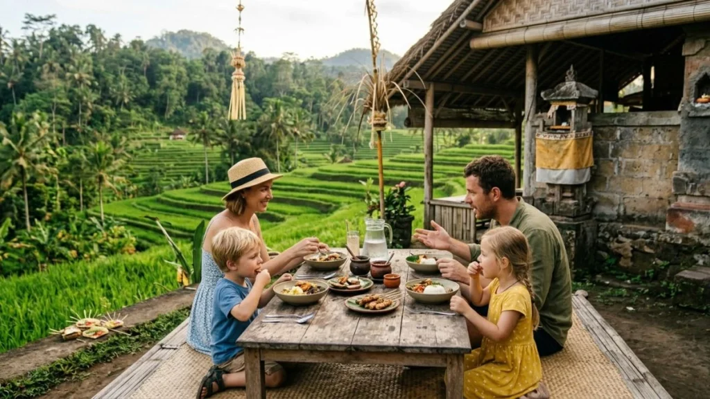 Bali safety for families — family eating together at a traditional Balinese warung surrounded by tropical greenery