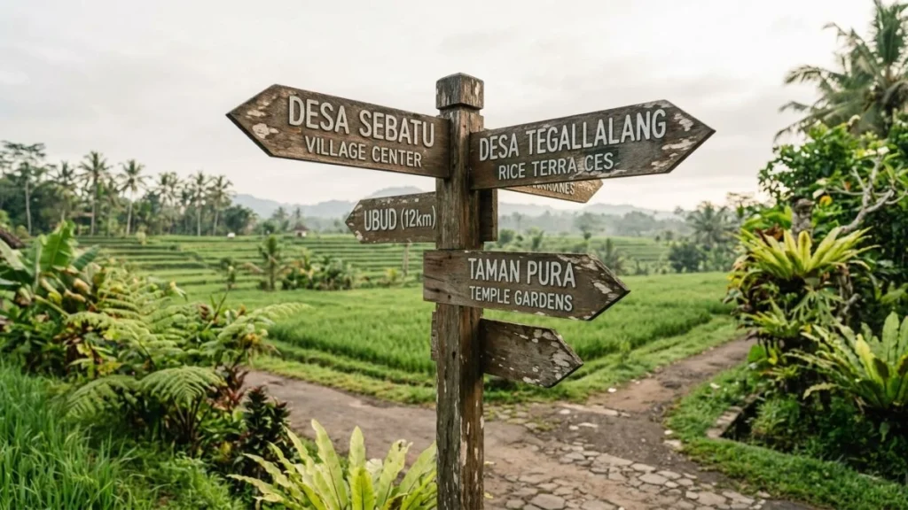 Bali slow travel itinerary — wooden signpost at rural Bali crossroads surrounded by rice fields and tropical greenery
