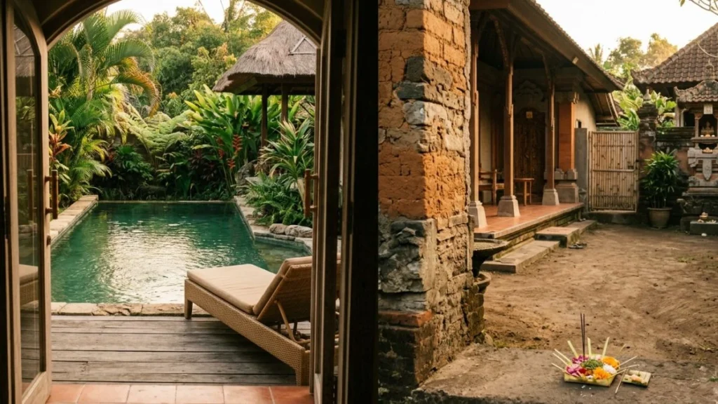Bali villa vs guesthouse which is better — split image of private villa pool with lounger on left and traditional Balinese guesthouse compound courtyard with shrine on right.