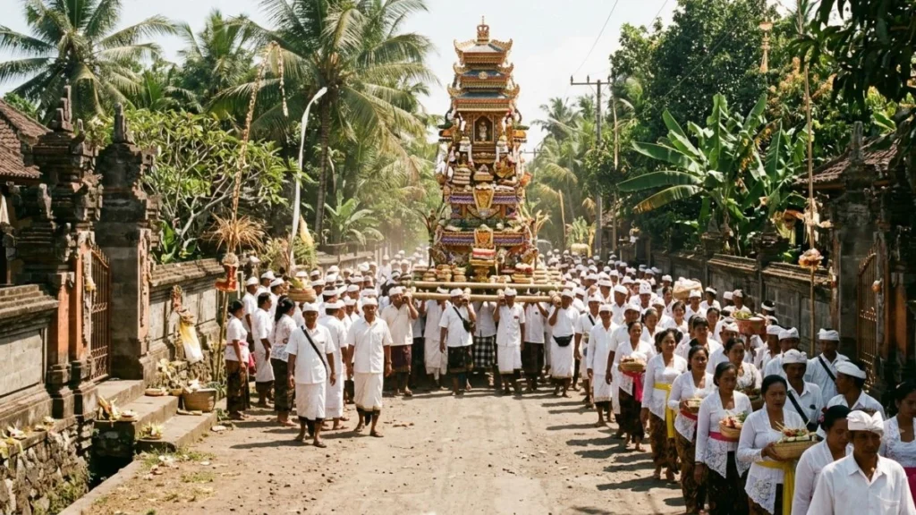 Balinese cremation ceremony photography guide — wide shot of Ngaben procession with decorated cremation tower carried through village lane in bright midday light.