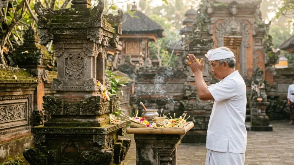 Balinese Hindu beliefs explained — pemangku priest in white ceremonial dress conducting morning offering ritual at temple shrine with incense smoke rising.
