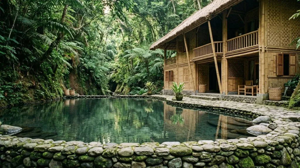 Best eco resort Bali Ubud — bamboo villa structure across natural spring-fed jungle pool in Ayung River gorge setting in dappled morning light.