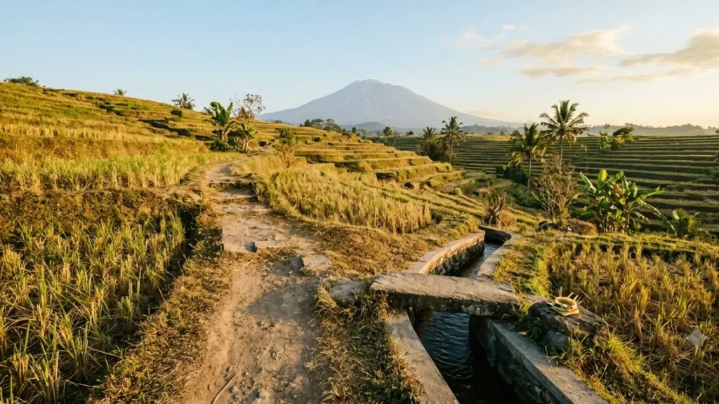 Best time to visit Bali — dry season rice terraces in golden morning light with Mount Agung volcanic profile faintly visible through clear morning air.