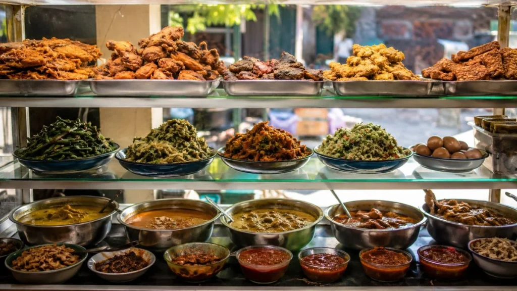 Best warung Canggu honest guide — nasi campur counter with curries, fried tempeh, grilled chicken and sambal displayed in glass case in warm noon light.
