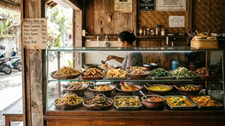 Best warung Ubud honest guide — nasi campur counter display with spiced chicken, tempeh, sambal and vegetables in glass case at family warung in warm noon light.