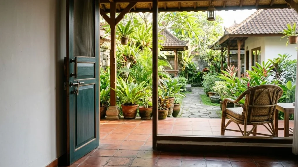 Budget accommodation Bali outside Kuta — simple guesthouse room threshold looking through open door to small compound garden with rattan chair in bright morning light.