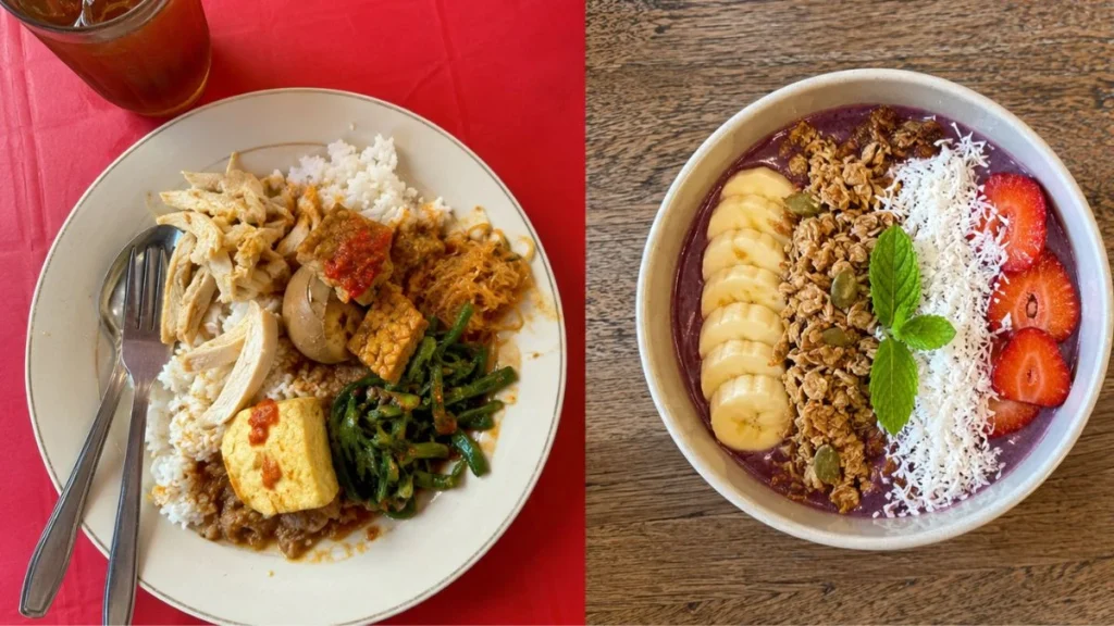 Cost of food in Bali — warung nasi campur plate on plastic table beside tourist café smoothie bowl on wooden table, the same budget, two different Balis.