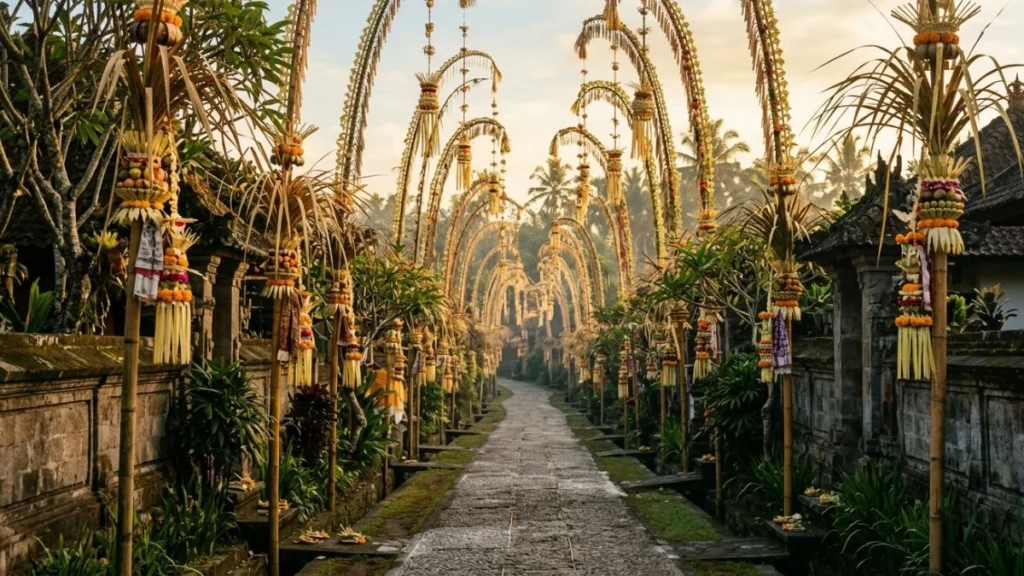 Galungan festival in Bali — village lane lined with arching penjor bamboo poles decorated with coconut leaves and offerings in early morning golden light.
